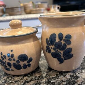 Pfaltzgraff Folk Art Ceramic Cream and Sugar Set with Blue Floral Design